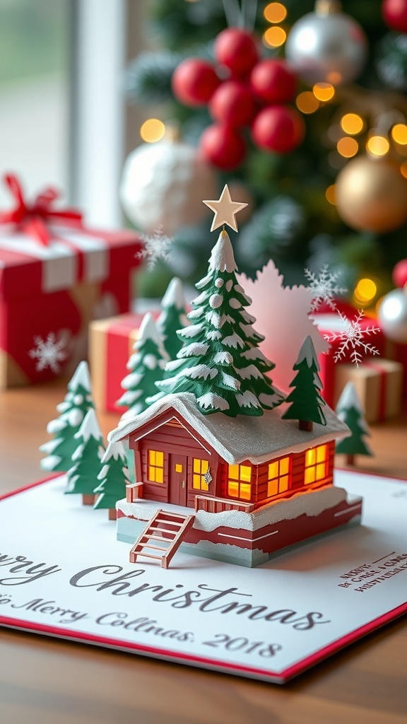 A festive Christmas card with pop-up elements including a tree and snowflakes, showcasing intricate architecture.